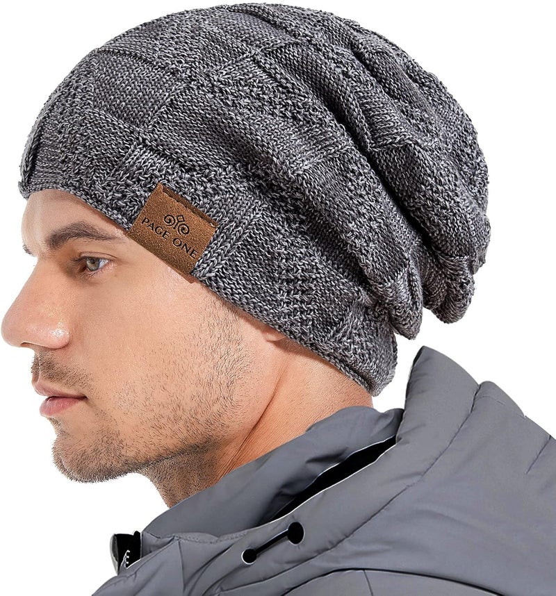 PAGE ONE Mens Winter Slouchy Beanie Warm Fleece Lined Skull Cap Baggy Cable Knit Hat - Image 2